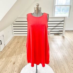 red aloha orange, crewneck, sleeveless swing dress w/ pockets